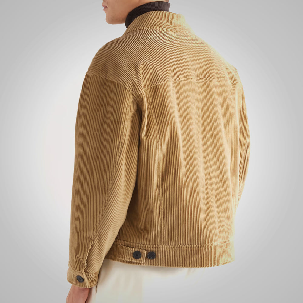 men's brown slim fit leather trucker jacket armand detail close up