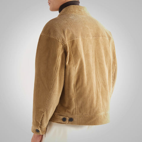 men's brown slim fit leather trucker jacket armand detail close up