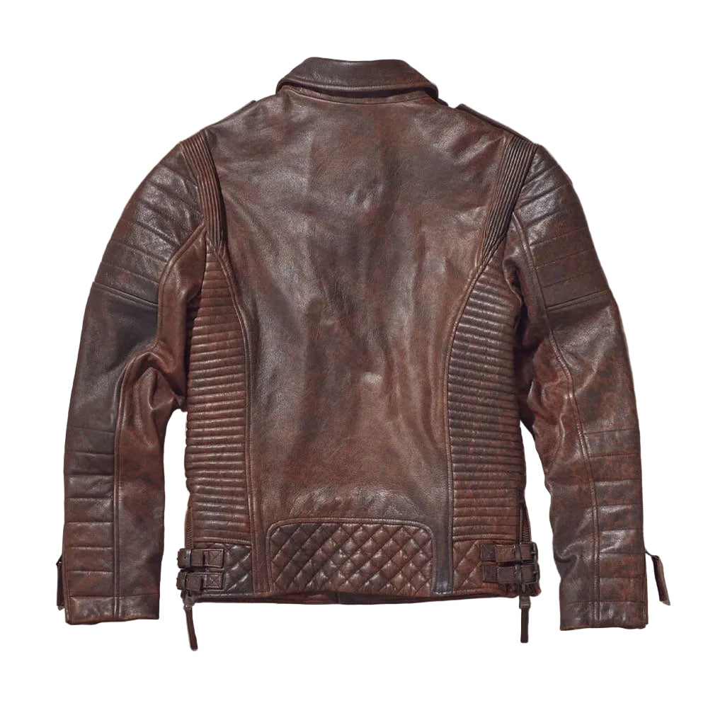 Brown cow leather motorcycle jacket with brass hardware
