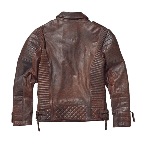 Brown cow leather motorcycle jacket with brass hardware
