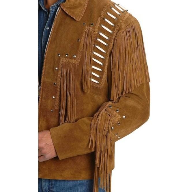men's brown fringe suede leather jacket kael side angle