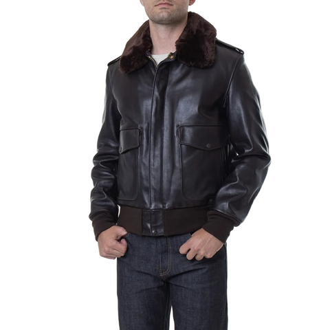 Brown cowhide leather bomber flight jacket
