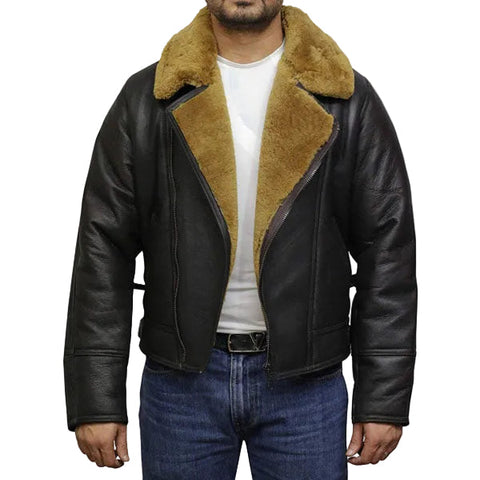 Brown fleece lined leather jacket for men
