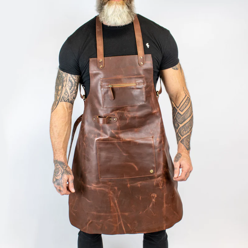 Brown lambskin cross back leather apron
