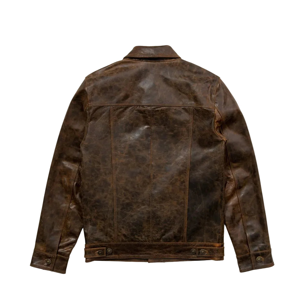 men's brown distressed lambskin leather trucker jacket marlow side angle