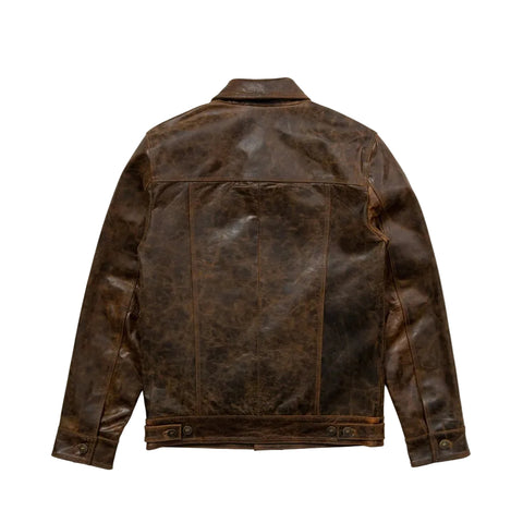 men's brown distressed lambskin leather trucker jacket marlow side angle