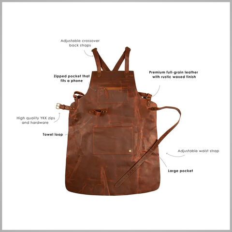 Brown leather apron with adjustable crossover straps
