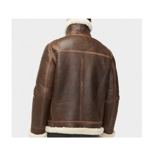Brown leather aviator jacket with white shearling lining
