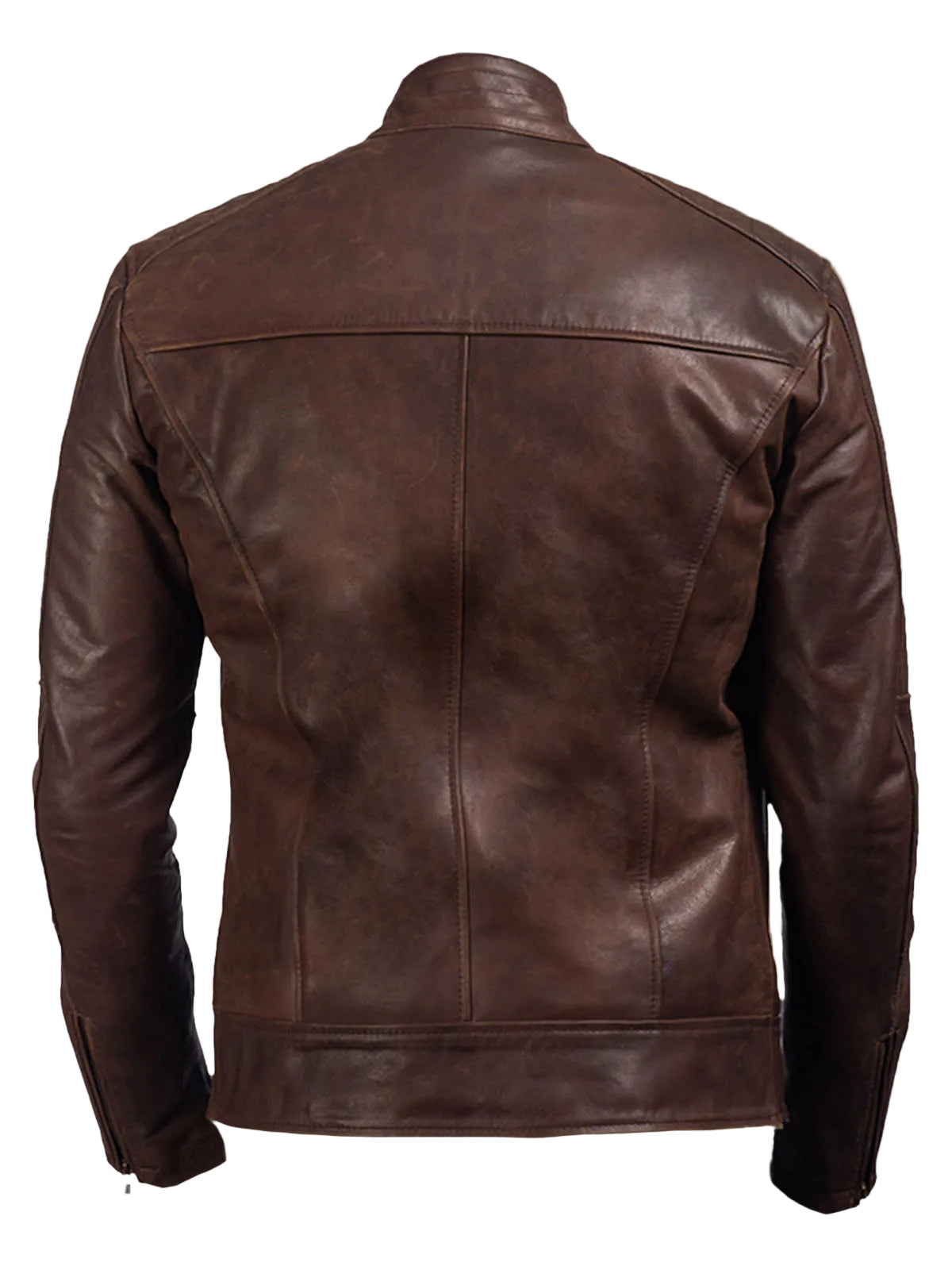 men’s brown cowhide leather biker jacket side angle