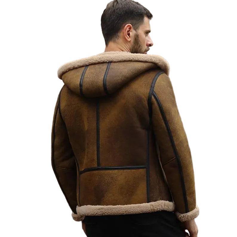 Brown leather bomber jacket with fur lining for men
