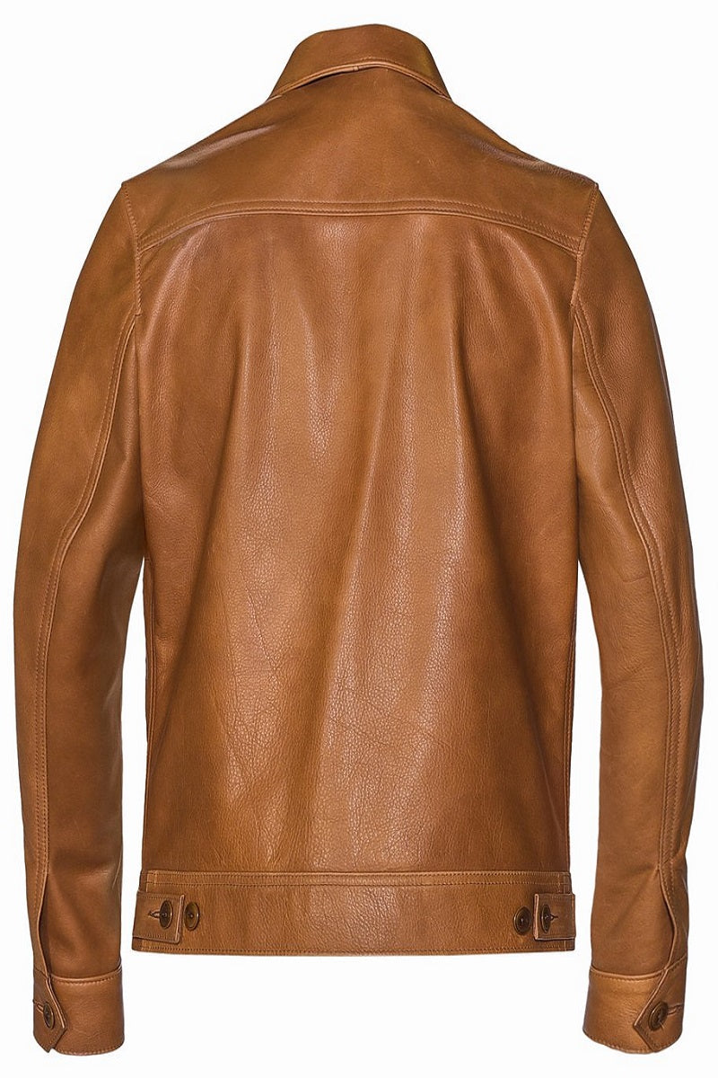 men’s light brown faux leather jacket side angle