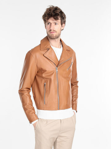 Brown leather motorcycle jacket for men
