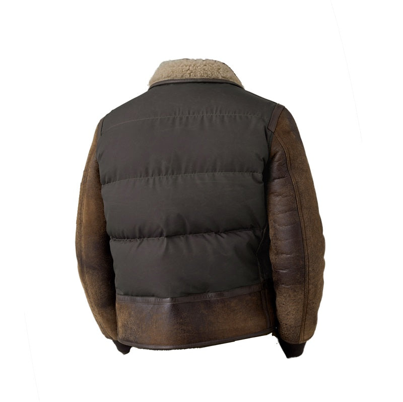 Brown leather sleeve puffer jacket for men

