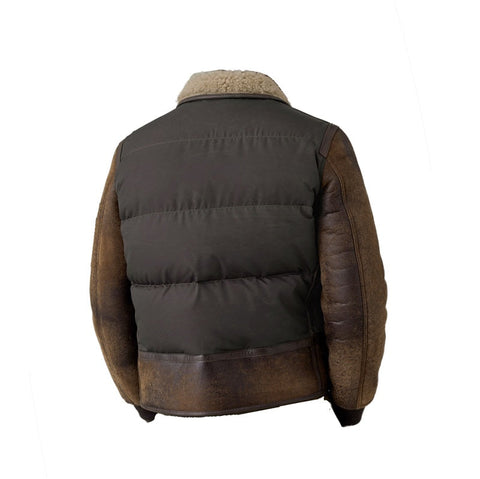 Brown leather sleeve puffer jacket for men
