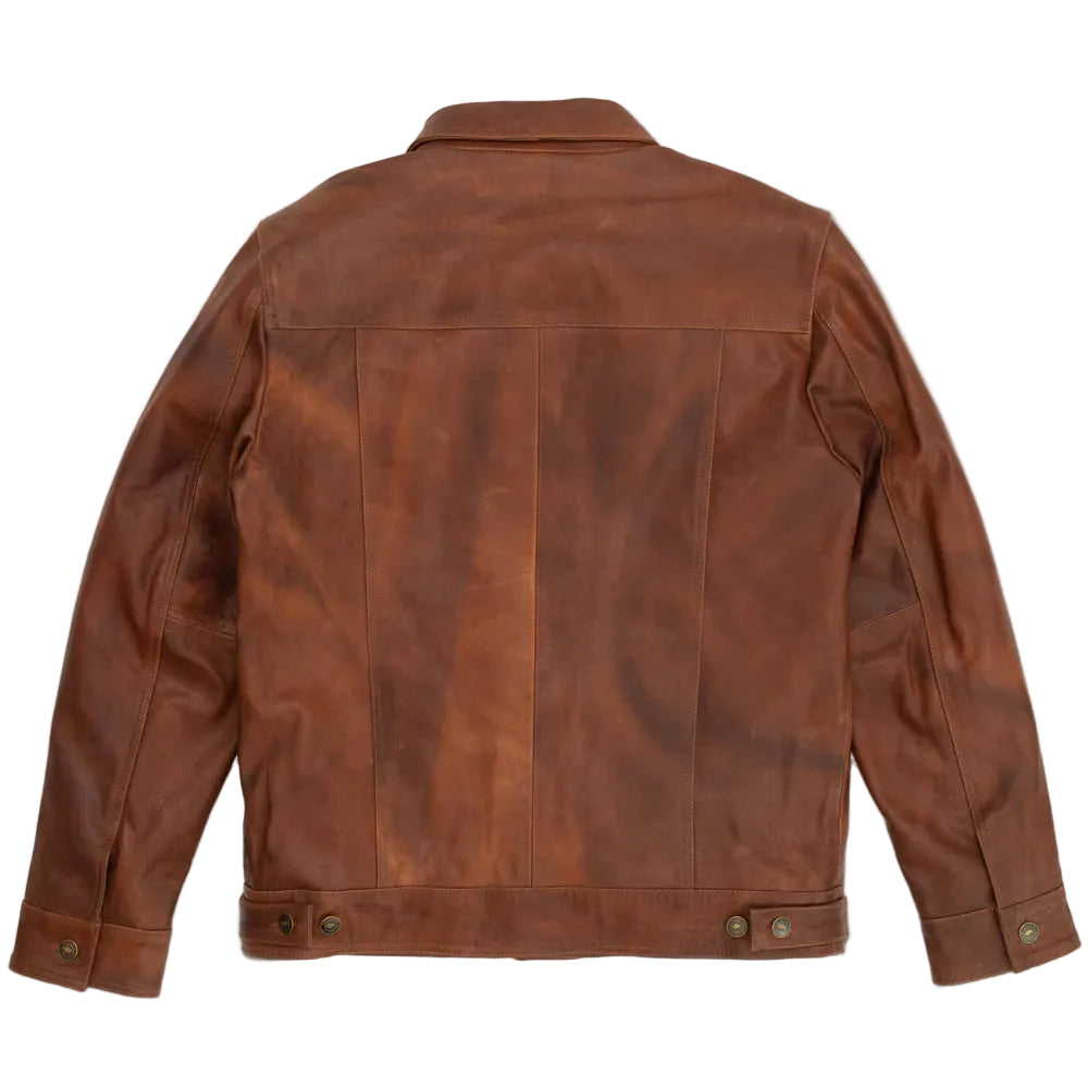 men's brown goatskin leather trucker jacket dorian back view