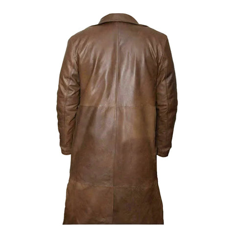 Brown long leather coat for men with button closure
