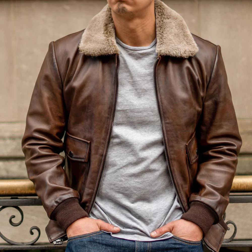 Brown military aviator jacket for men