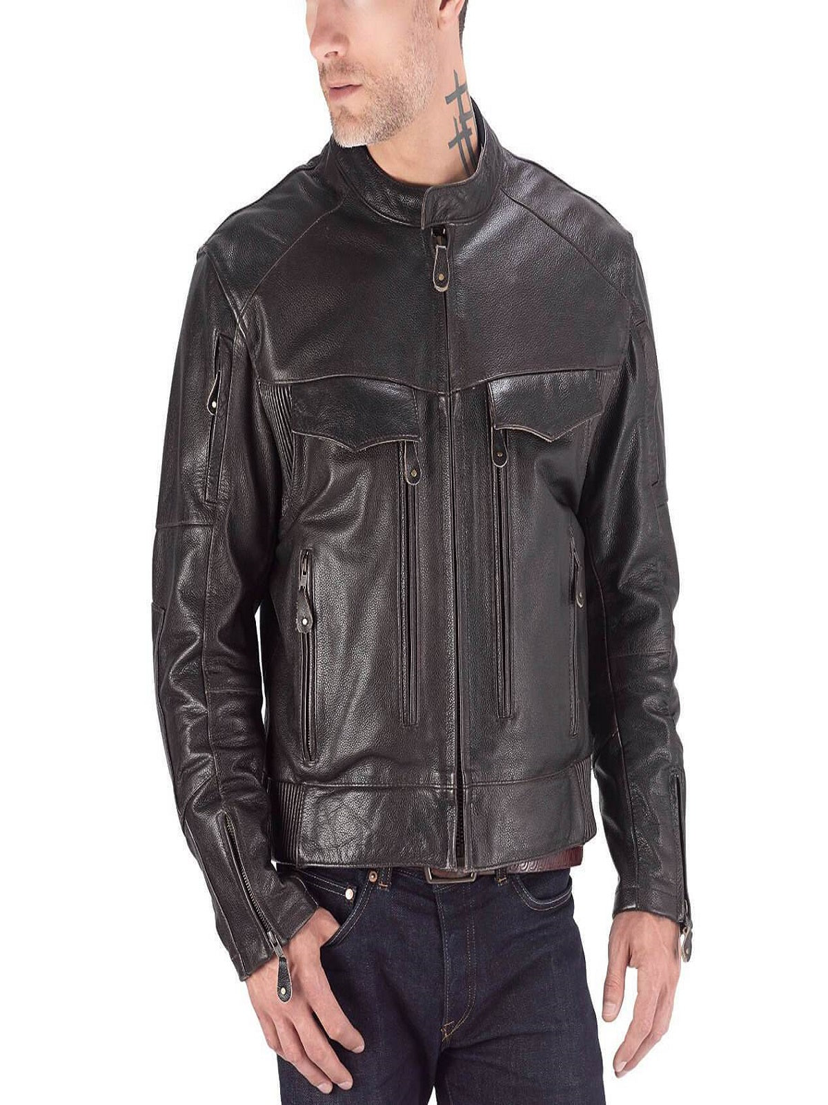 Brown pure leather moto jacket for men