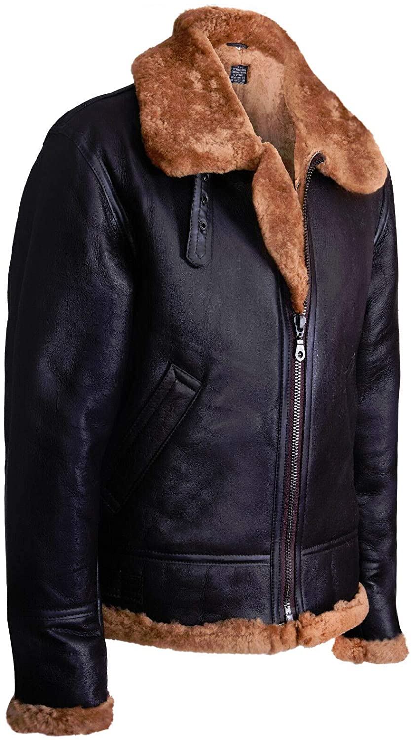 Brown shearling aviator jacket with buckled collar
