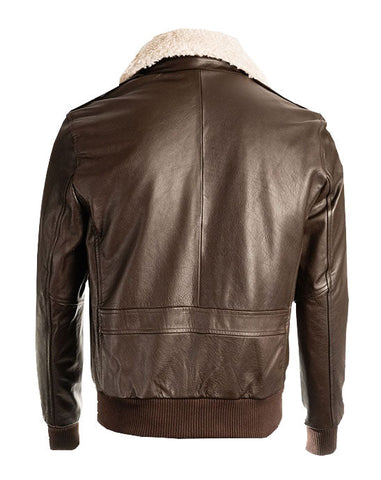 Brown shearling bomber jacket for men with zip closure

