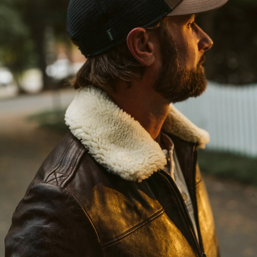 Brown shearling lined leather bomber jacket for men
