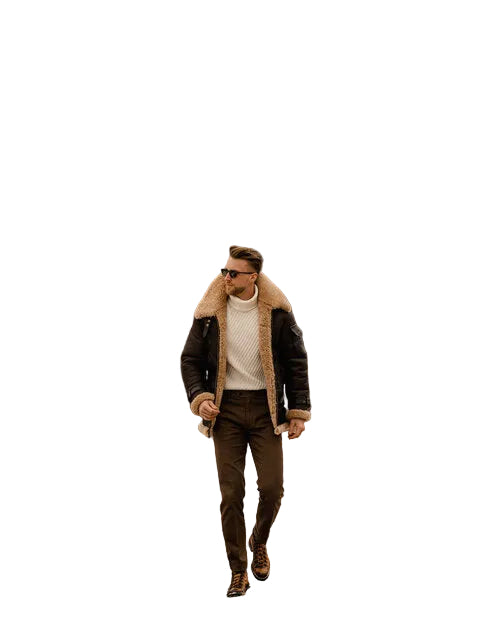 Brown sheepskin aviator coat with YKK zipper
