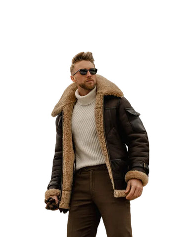 Brown sheepskin aviator coat with YKK zipper

