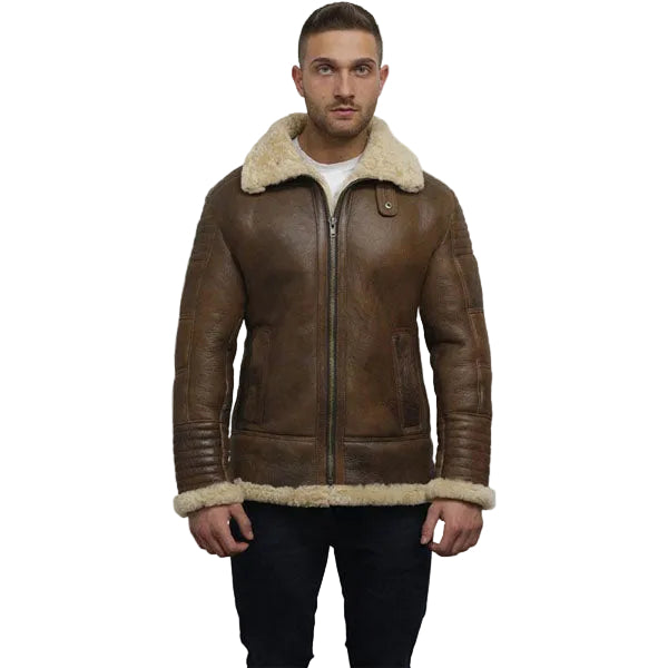men’s brown sheepskin leather aviator jacket detail view