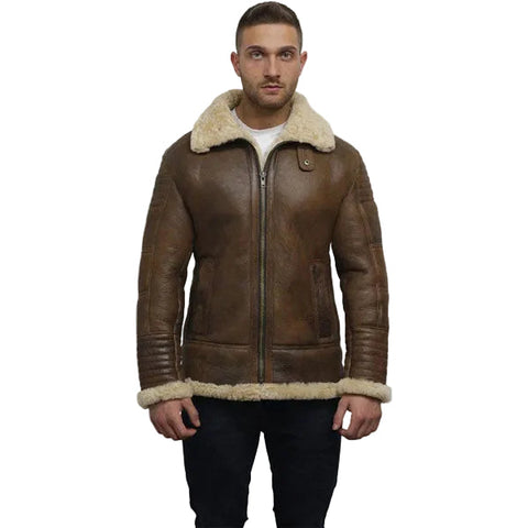 men’s brown sheepskin leather aviator jacket detail view