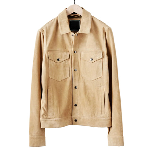 Brown suede bomber jacket for men with zip closure
