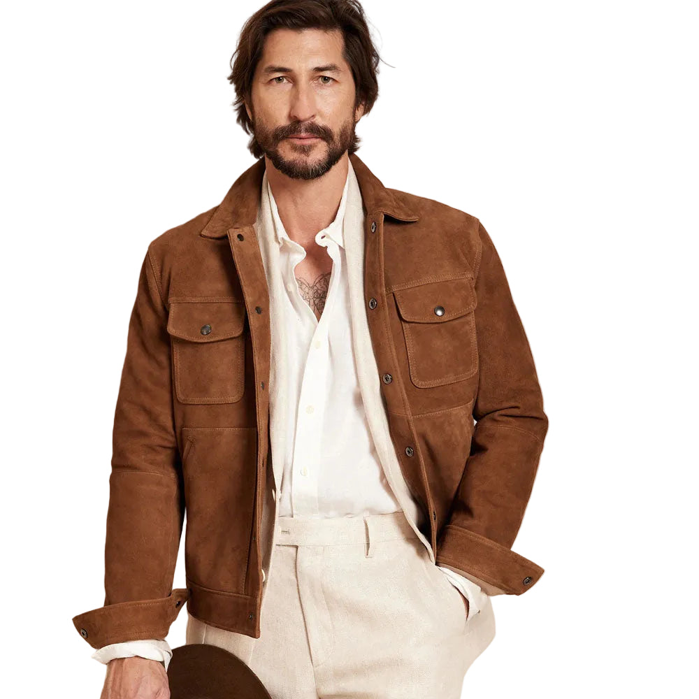 men's brown leather trucker jacket ronan back view