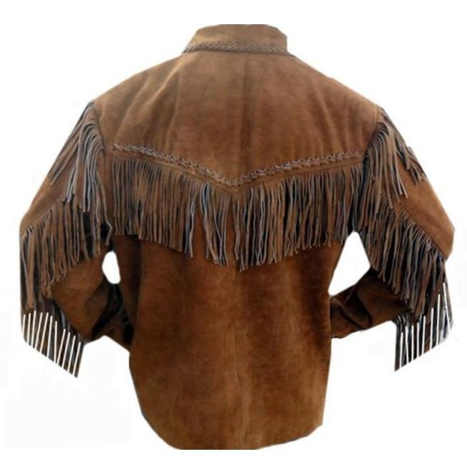 Brown suede cowboy jacket with fringes for men

