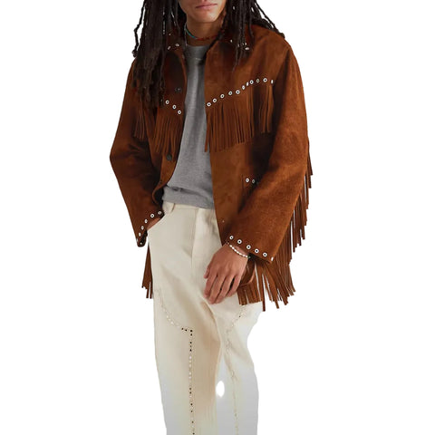 men's brown fringe suede leather jacket damon back view