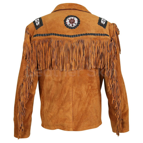 men's brown fringe suede leather jacket brenner detail close up