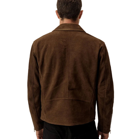 Brown suede leather jacket for men with zip closure
