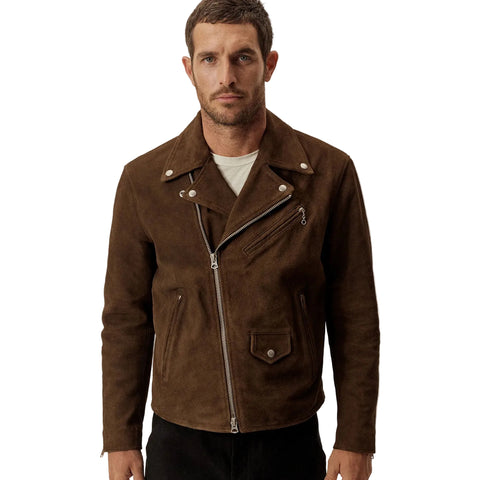 Brown suede leather jacket for men with zip closure
