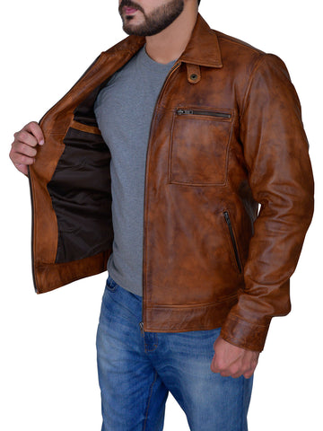 men's brown distressed leather shirt dorian detail close up