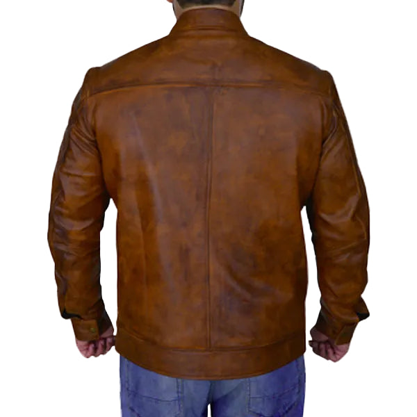 Brown waxed leather jacket for men with zip fastening
