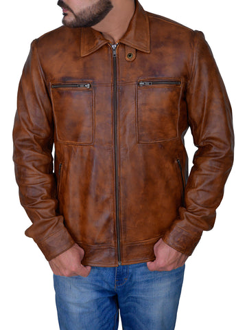 men's brown distressed leather shirt dorian back view