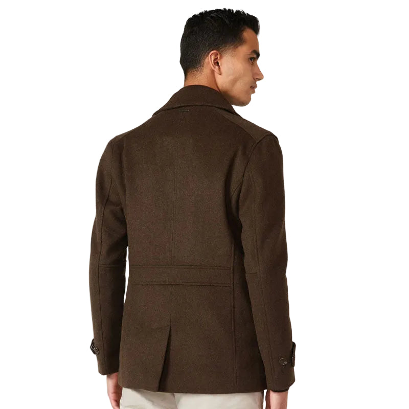 Brown winter peacoat for men with large welt pockets
