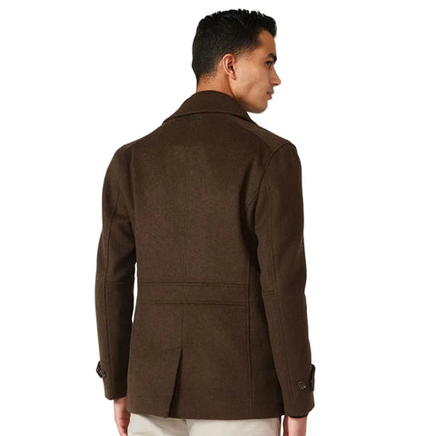 Brown winter peacoat for men with large welt pockets
