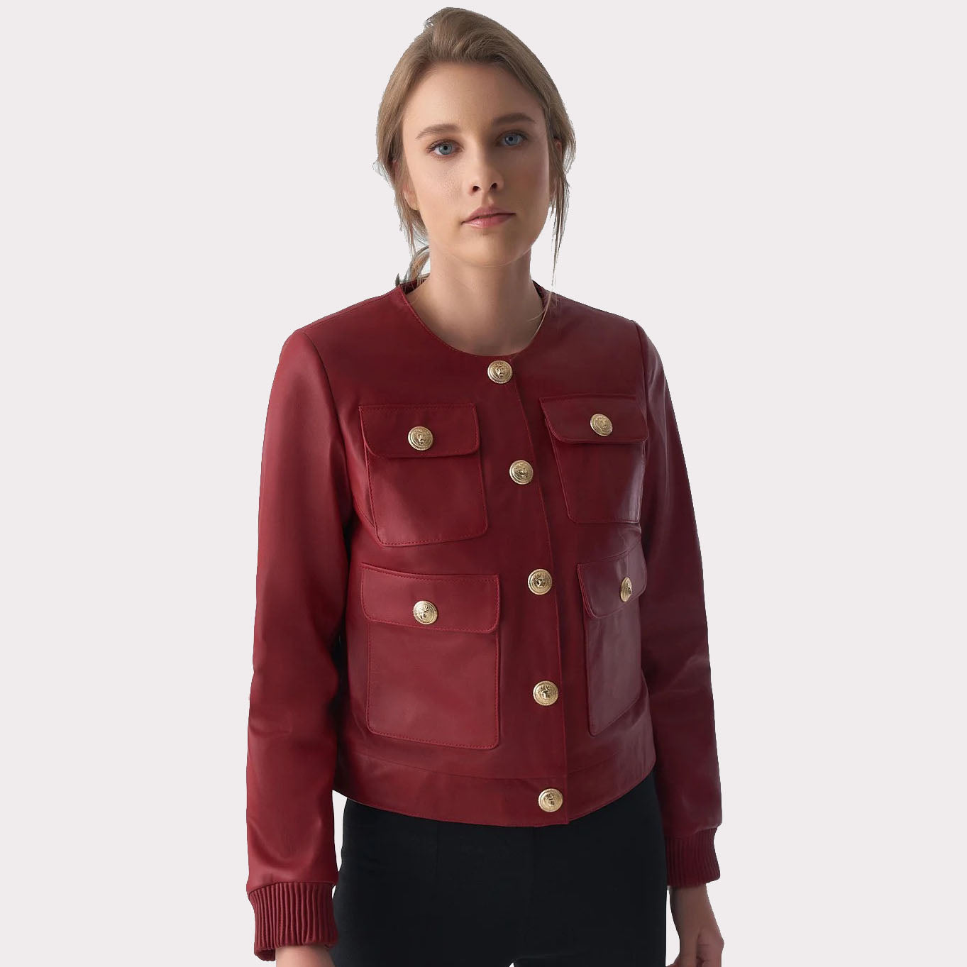 Burgundy Leather Jacket for Women - Chic Studs Closure - AMSEL LEATHERS