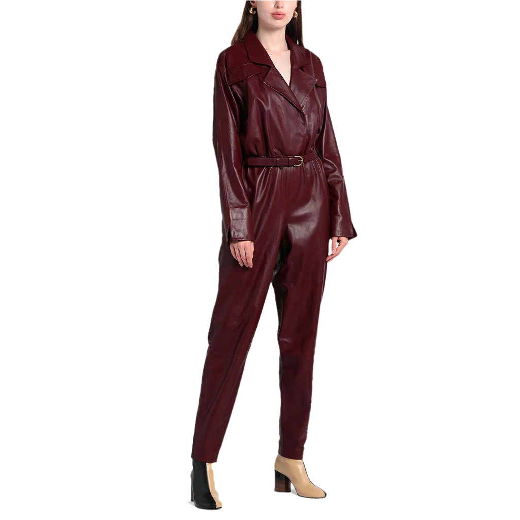 Burgundy Sleek Women's Leather Jumpsuit - Bold Fashion Choice - AMSEL LEATHERS