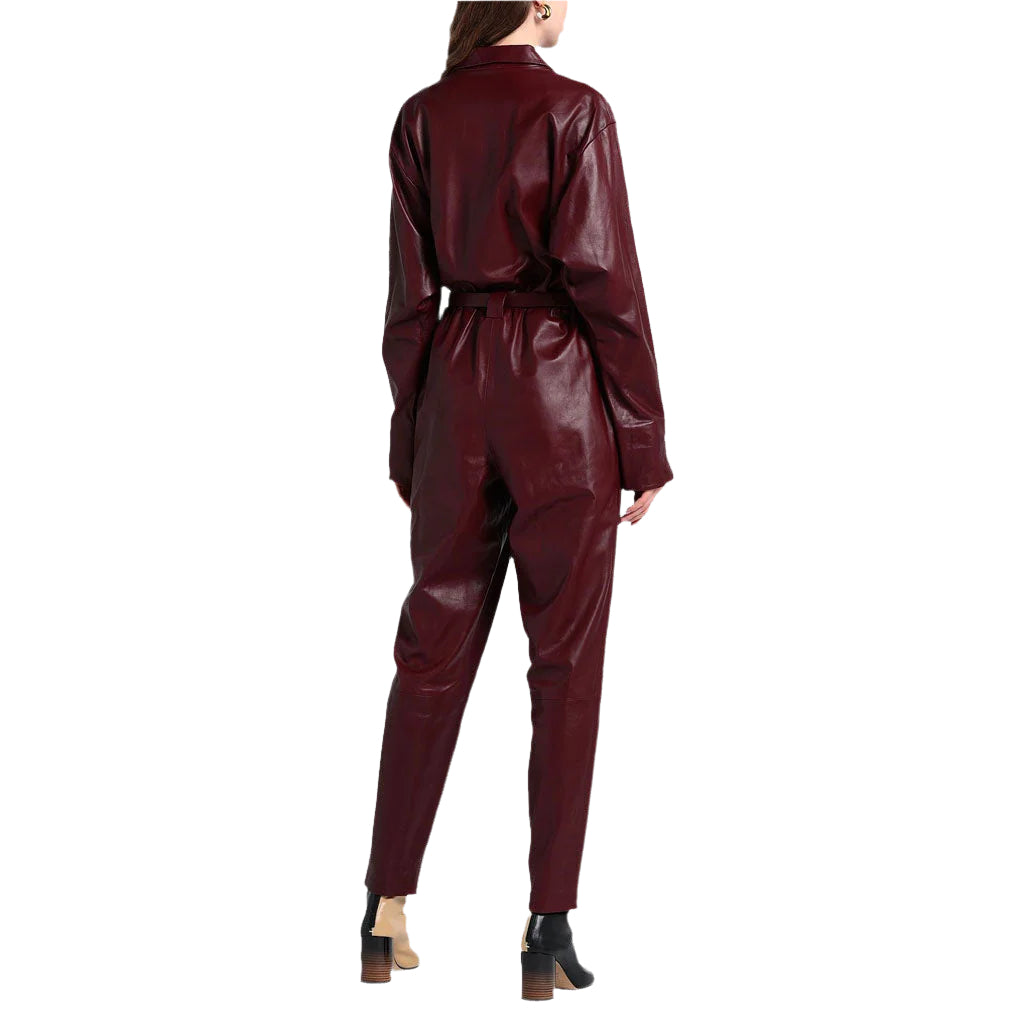 Burgundy Sleek Women's Leather Jumpsuit - Bold Fashion Choice - AMSEL LEATHERS