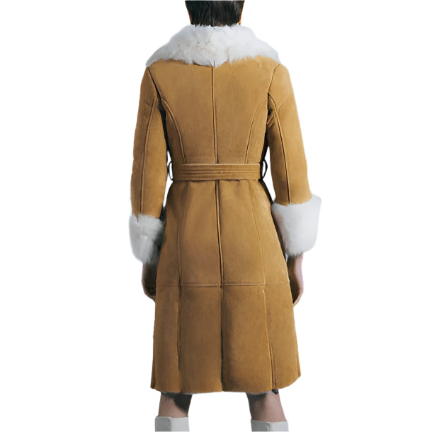 Women's Tan Brown Suede Leather Shearling Coat - AMSEL LEATHERS