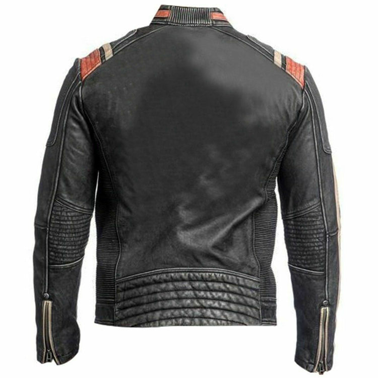 Cafe Racer Retro Distress Black Orange Racing Cowhide Leather Jacket - AMSEL LEATHERS