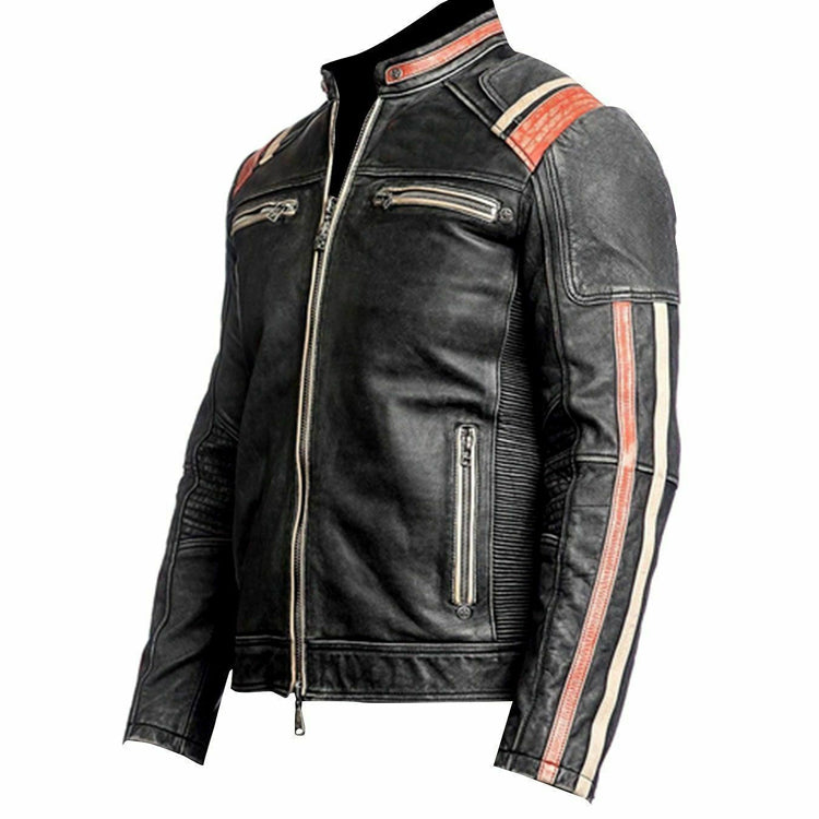 Cafe Racer Retro Distress Black Orange Racing Cowhide Leather Jacket - AMSEL LEATHERS