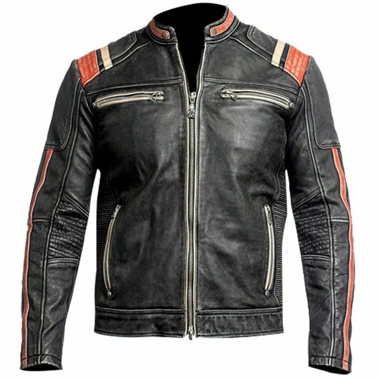 Cafe Racer Retro Distress Black Orange Racing Cowhide Leather Jacket - AMSEL LEATHERS