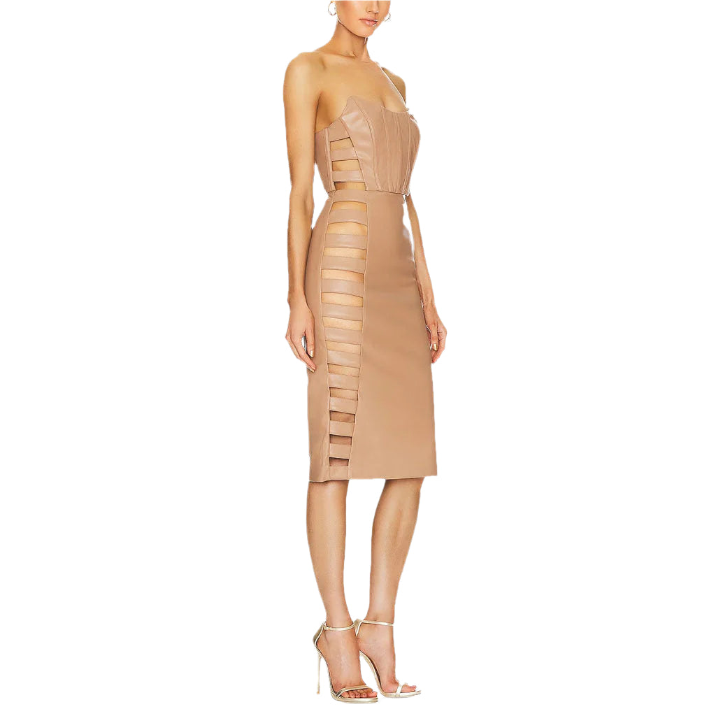 Camel Cutout Leather Dress for Women - Sizzling Style - AMSEL LEATHERS