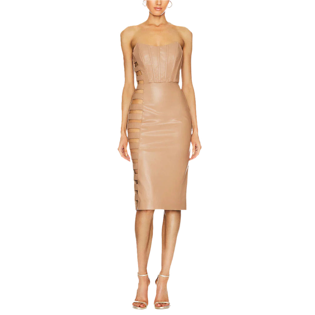 Camel Cutout Leather Dress for Women - Sizzling Style - AMSEL LEATHERS